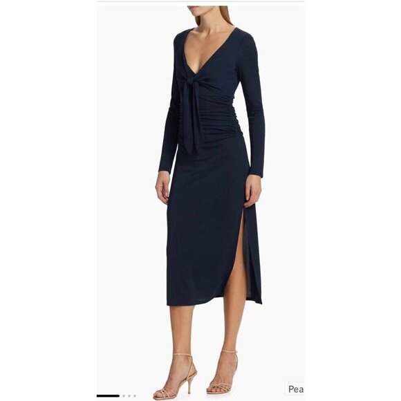 NEW Cinq à Sept Brenna Tie Front Long Sleeve Midi Dress Dark Teal Peacock Size 4 - Picture 4 of 14